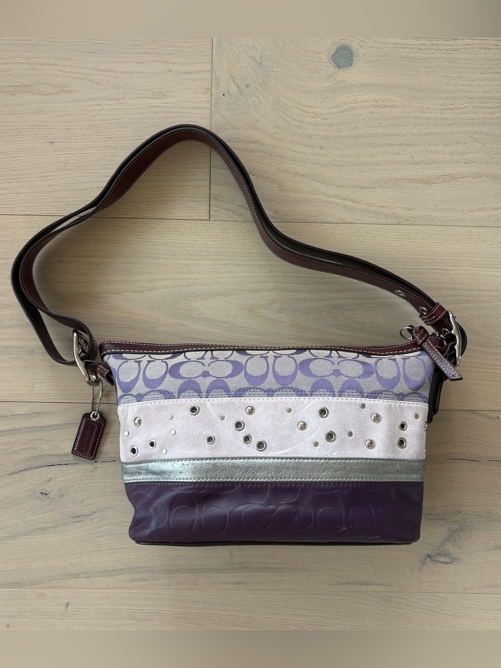 Vintage Coach Y2K Purple Patchwork East West Duffle Shoulder Bag F13078 💜
